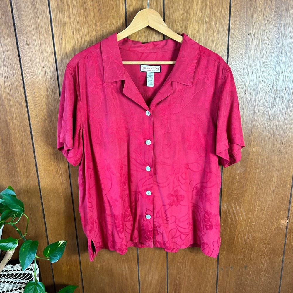 Vintage Jamaica Bay‎ Silk Blend Red Floral Jacquard Short Sleeve Camp Shirt